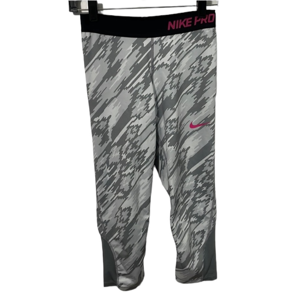 Nike Pro Dri-fit Girl's Crop Leggings Size XL Gray Static with Pink Swoosh